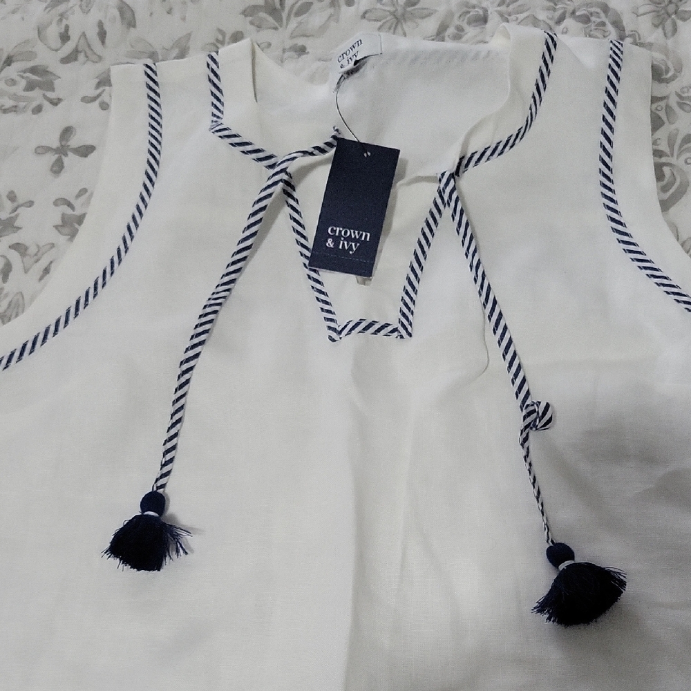 Crown & Ivy White Top with Navy Rope Details